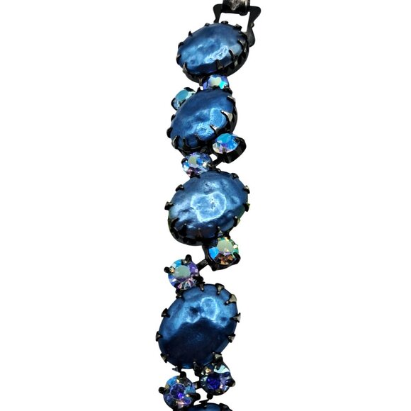 Vintage Regency Rhinestone Bracelet Blue Aurora Borealis Baroque Pearl Unsigned - Picture 5 of 14